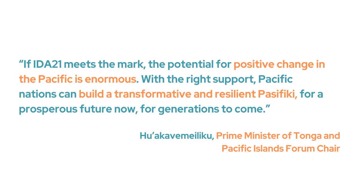 Tonga's Prime Minister and Forum Chair Hu’akavemeiliku said that the Pacific region could see significant improvements, especially in climate resiliency, if IDA21 were successful. "With the right support, Pacific nations can build a transformative and resilient Pasifiki, for a prosperous future now, and for generations to come,” he added. 