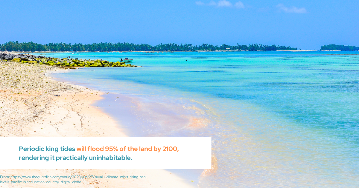 Periodic king tides will flood 95% of the land by 2100, rendering it practically uninhabitable. 