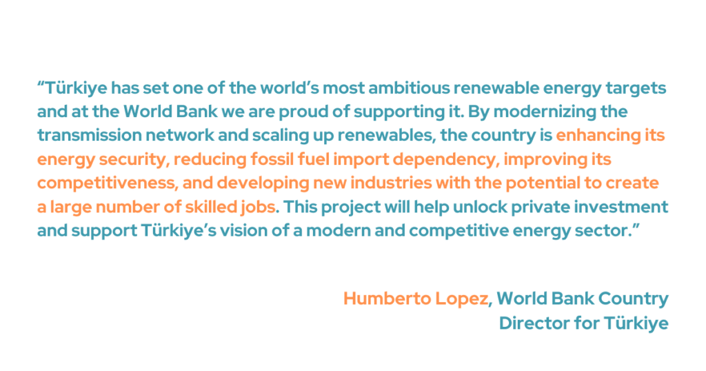 Humberto Lopez, World Bank country director for Türkiye, said that "Türkiye has set one of the world’s most ambitious renewable energy targets, and at the World Bank[,] we are proud of supporting it. By modernizing the transmission network and scaling up renewables, the country is enhancing its energy security, reducing fossil fuel import dependency, improving its competitiveness, and developing new industries with the potential to create a large number of skilled jobs." 